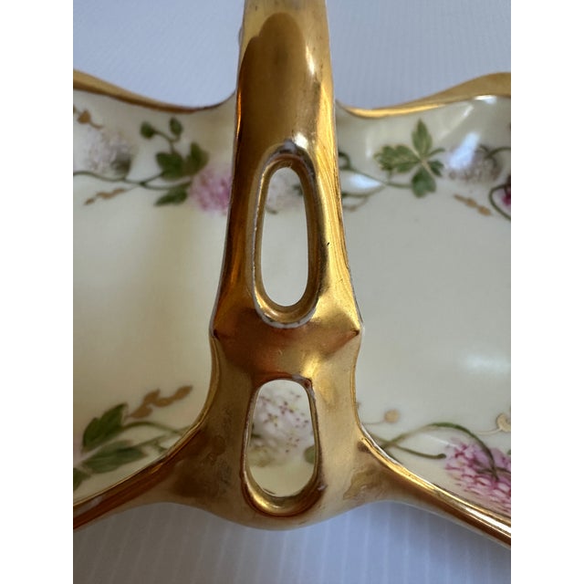 Antique 1880s Limoges France Cottage Bon Bon Basket With Handle, Hand-Painted Floral Design With Heavy Gold Trim For Sale - Image 17 of 17