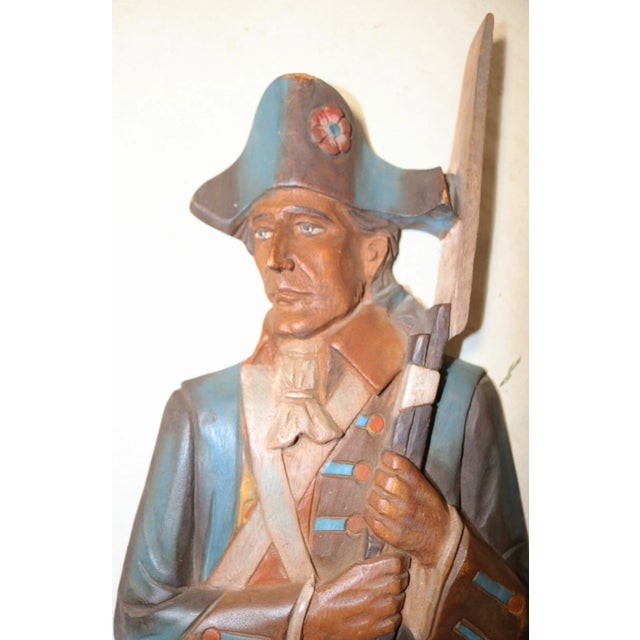Folk Art Vintage Hand Carved Painted Wood Revolutionary War Military Wall Sculpture For Sale - Image 3 of 10