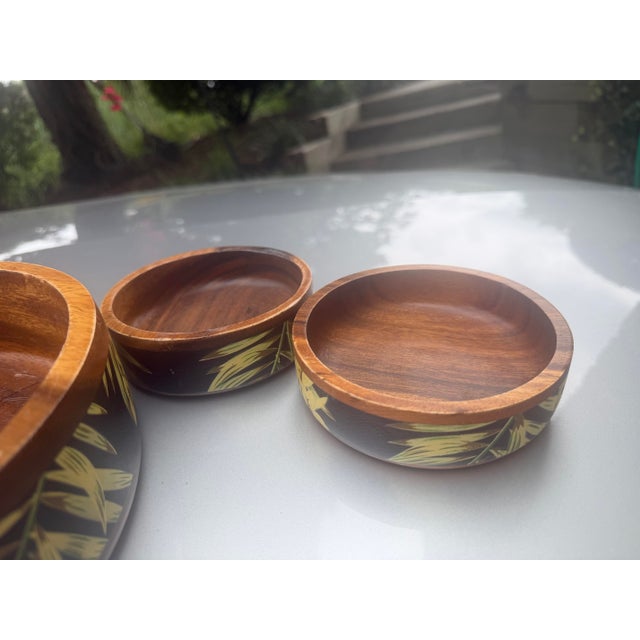 Mid-Century Modern Vintage Handcrafted Wooden Black Lacquer & Bamboo Salad Serving Set - 6 pcs For Sale - Image 3 of 12