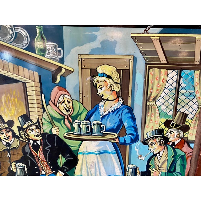 Original Vintage Double Sided Wood Frame New Hall Lane Pub Sign From the U K. Depicts a colorful jovial provincial pub...