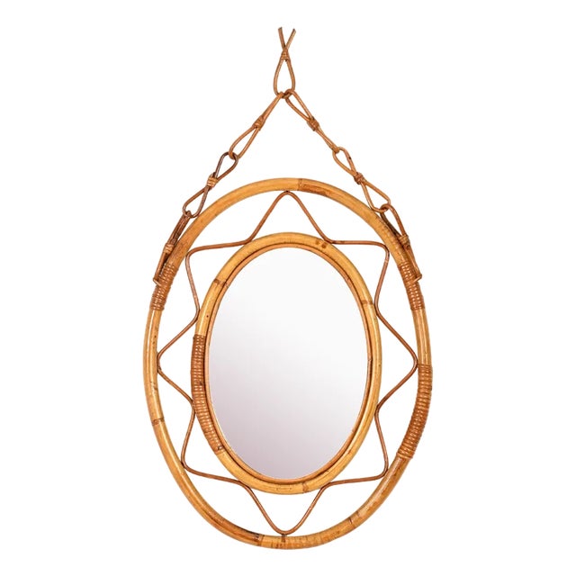 Mid-Century Italian Oval Mirror with Chain in Curved Bamboo and Wicker, 1970s For Sale