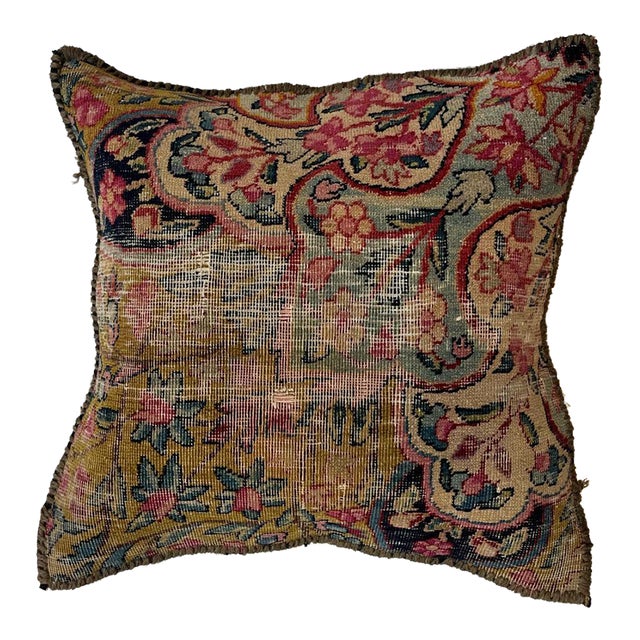 Pillow W/Antique Persian Rug Fragment, 1'4" X 1'4" For Sale