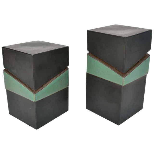 Vintage Sculptural Square Boxes Glazed in Green and Black, 1980s, Set of 2 For Sale