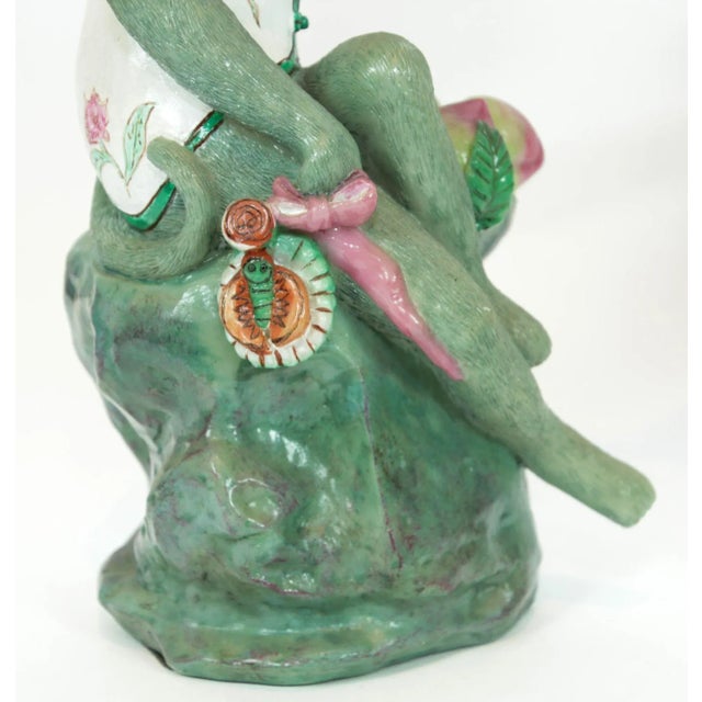 Pair of Vintage Chinoiserie Monkey Lotus Candleholders, Painted Resin For Sale - Image 10 of 13
