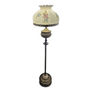 Vintage Mid Century Brass Floor Lamp Floral Hand Painted Shade For Sale