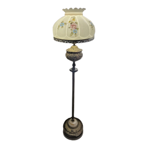 Vintage Mid Century Brass Floor Lamp Floral Hand Painted Shade