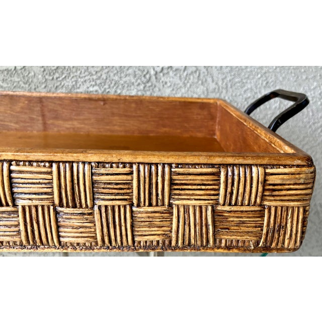 Wood Mid 20th-Century Nicely-Sized Rustic Chic Rattan & Wood Tray With Shaped Steel Handles For Sale - Image 7 of 12
