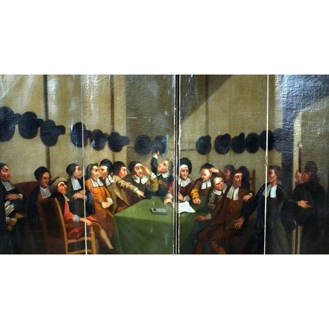 18th century beautifully painted Council of Distinguished men with expressive faces, four hinged panels wrapped on age...