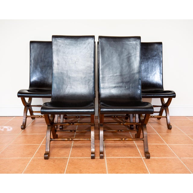 Wood Mid-Century Spanish Oak and Black Leather Dining Chairs by Pierre Lottier for Valmazan, 1960s, Set of 6 For Sale - Image 7 of 18
