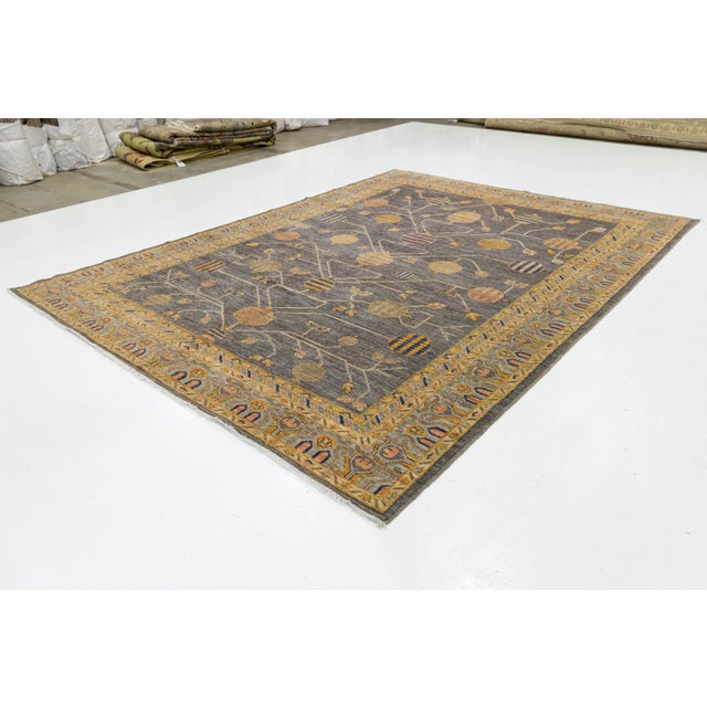Modern Khotan Style Rug Hand-Knotted Wool Pomegranate Design in Charcoal & Ochre For Sale - Image 4 of 11