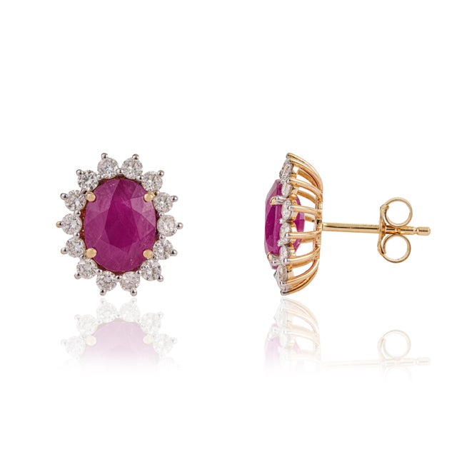 VR Jewels 18k Gold 4.86ct Vivid Red Ruby & 1.04ct Diamond Halo Sunburst Stud Earrings- 2 Pieces For Sale - Image 4 of 16