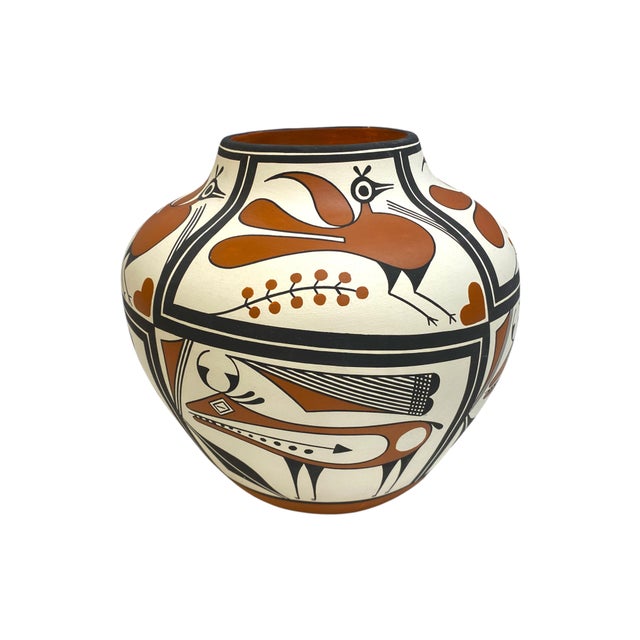 Native American Large Adrian Vallo (Acoma Pueblo) New Mexico Native American Olla Jar/Vase With Heartline Deer and Bird Motif For Sale - Image 3 of 13