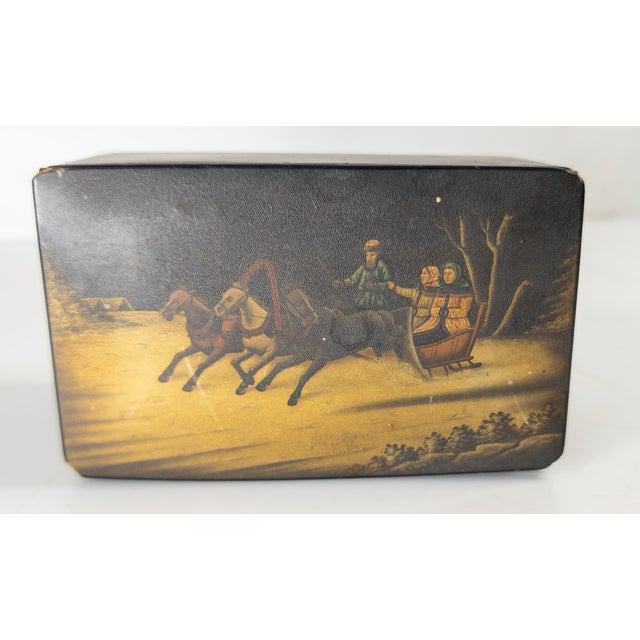 Rustic European 19th Century Imperial Russian Lacquer Tea Caddy Box With Sleigh Scene For Sale - Image 3 of 14