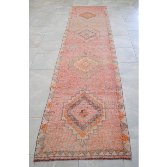 Hand-Knotted Turkish Runner Rug . Low Pile Hallway Kitchen Decor - 3′ × 12′3″ For Sale - Image 18 of 18