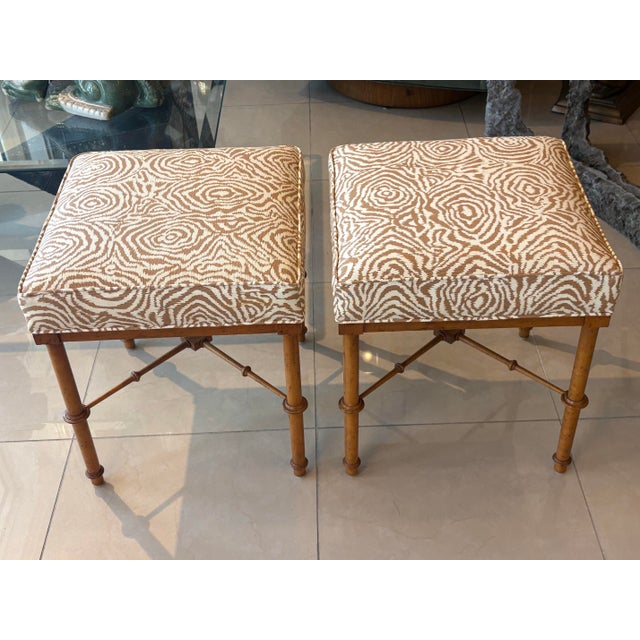 1970s Pair Vintage Faux Bamboo Wood Benches Ottomans Newly Upholstered Quadrille For Sale - Image 5 of 12