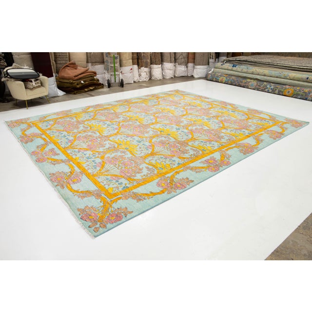 2010s 12 X 15 Modern Oushak Style Wool Rug in Light Blue Features Allover Pattern For Sale - Image 5 of 9