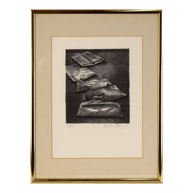 Newspapers on the Table - Still Life Etching on Heavy Paper by Darien Payne For Sale