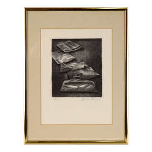 Newspapers on the Table - Still Life Etching on Heavy Paper by Darien Payne