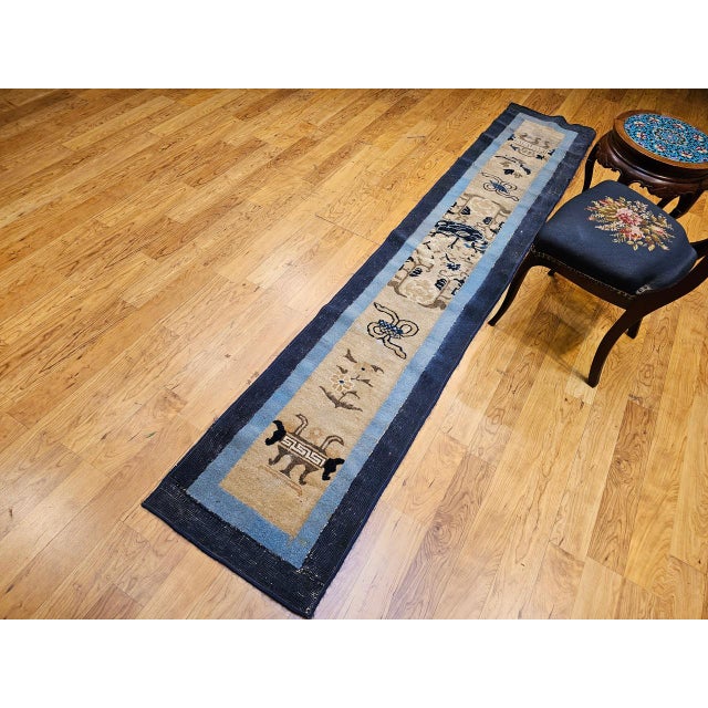 Antique Chinese Peking Runner, Hand-Knotted Wool, Ivory & Navy, 1880s, 2' x 10' For Sale - Image 9 of 9