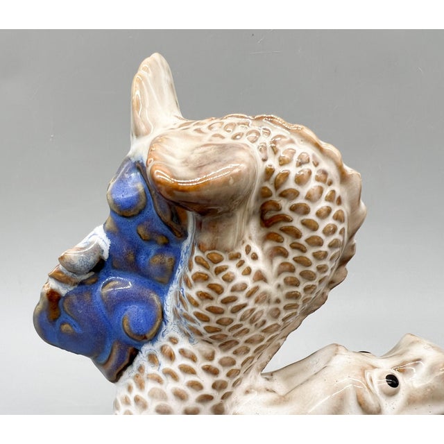 Pair of Vintage Ceramic Asian Style Dragons on Cobalt Blue Waves – Sculptural Figurines - Chinoiserie, Mid Century Modern Eclectic, Hollywood Regency For Sale - Image 12 of 13