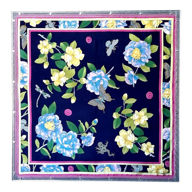 Industrial Style Adrienne Landau Navy Floral Insect Silk Scarf For Sale