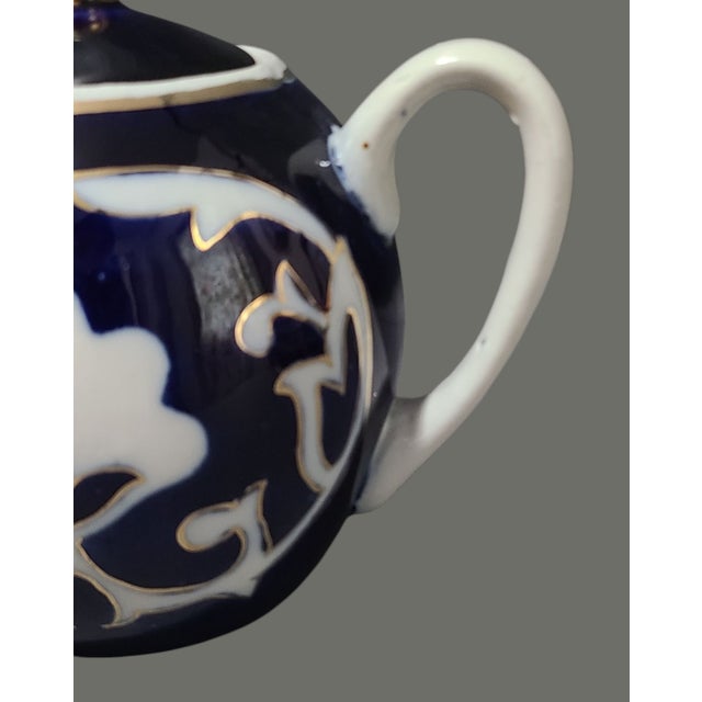 Traditional Vintage Pakhta Cobalt Blue & White Gilded Imperial Porcelain Russian Tea Pot For Sale - Image 3 of 11