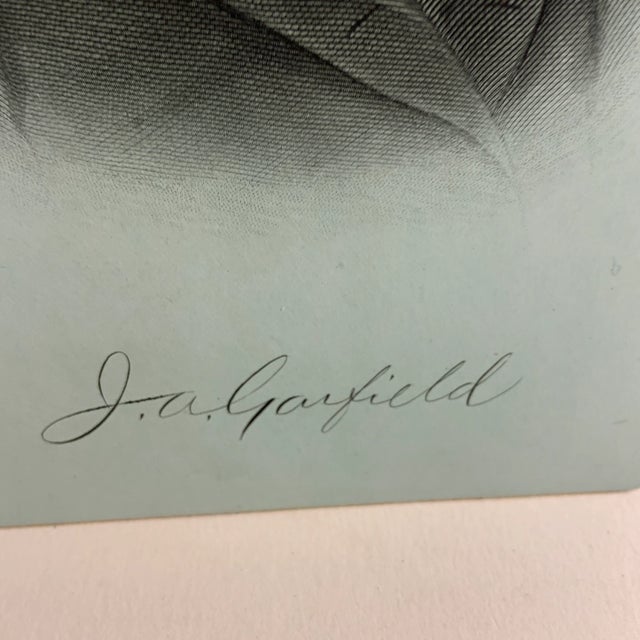 James Garfield print. Published by Ralph Trautmann, 312 Broadway, New York, 1881. Steel plate engraved portrait, green...