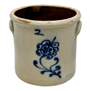 Antique American 2 Gallon Stoneware Storage Crock With Beautiful Hand Decorated Blue Flower Design Circa Mid 1800s