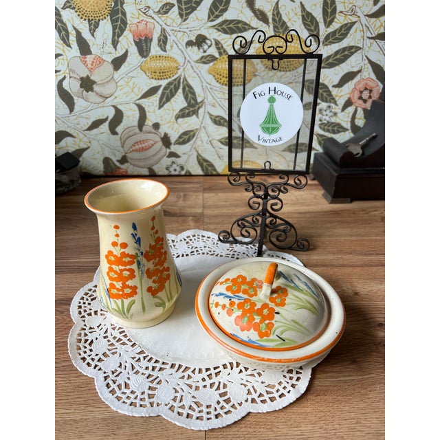 1970s Vintage Floral Hand Painted Dishes, Vase and Bowl With Lid - a Pair For Sale - Image 5 of 8