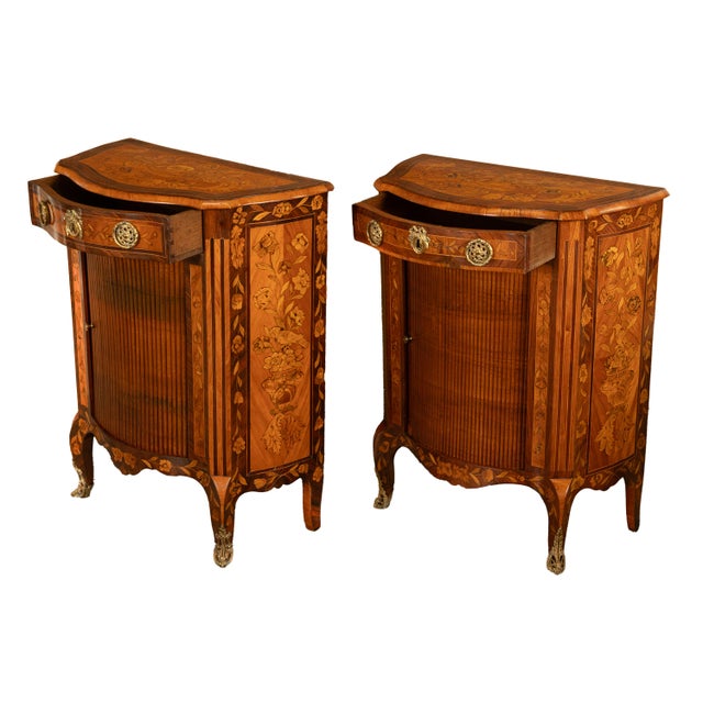 Brown Pair Antique 18thC French Louis XV Inlaid Marquetry Ormolu Tambour Cabinets 1780 For Sale - Image 8 of 18
