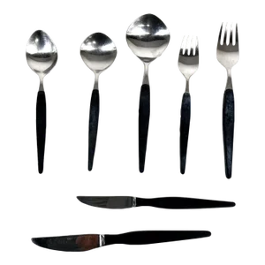 1960s Rostfri Gab Black and Stainless Flatware Set of 7 Made Sweden