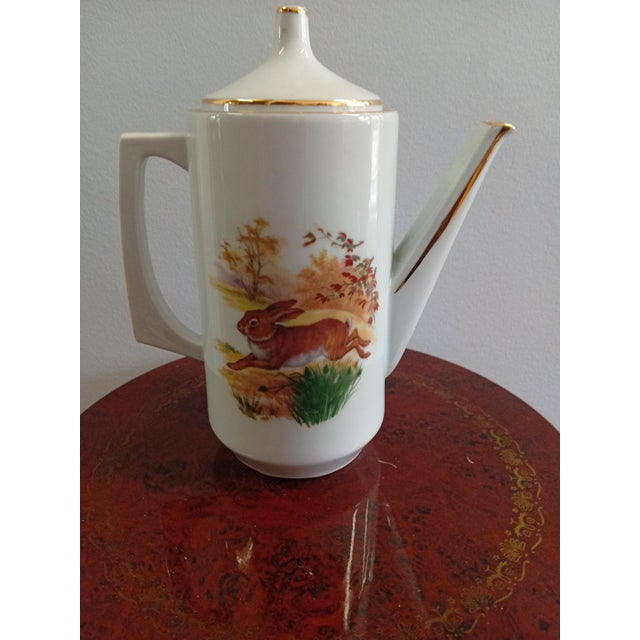 French Porcelain Coffee Pot with Hunting Scene Decoration and Gilding from PF, France, 1950s For Sale - Image 4 of 4