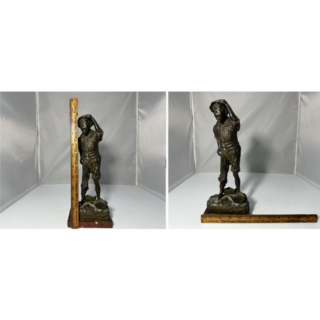 Bronzed Spelter Boy Figurine on Marble Base - Continental Antique For Sale - Image 10 of 10