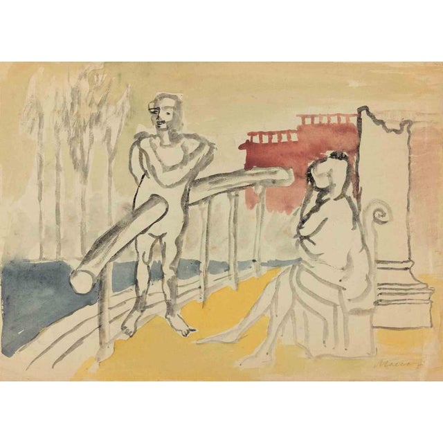 Mino Maccari, The Wait, 1940s, Watercolor For Sale