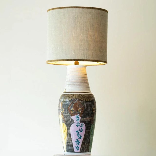 Ceramic Floor Table Lamp with Silk Lampshade attributed to R. Houben, 1970s For Sale - Image 3 of 10
