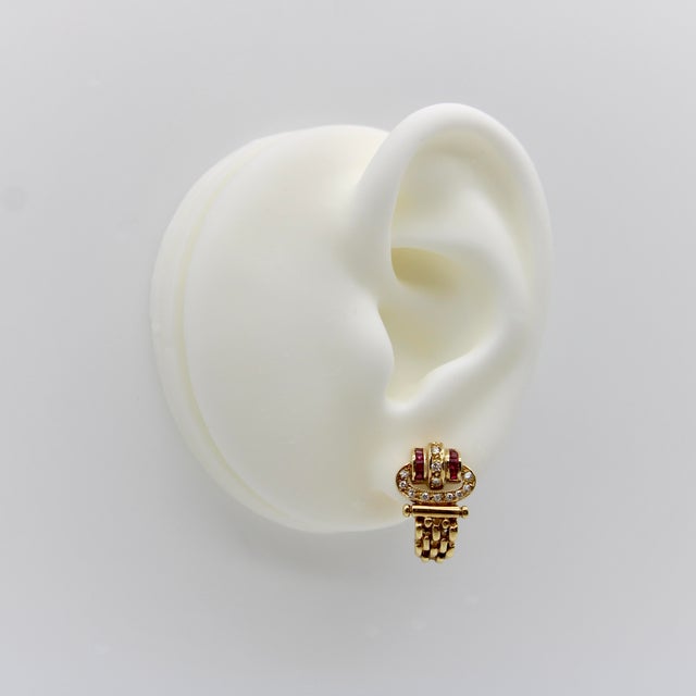 Vintage 18k Gold Diamond and Ruby Buckle Huggie Earrings, A Pair For Sale - Image 10 of 10
