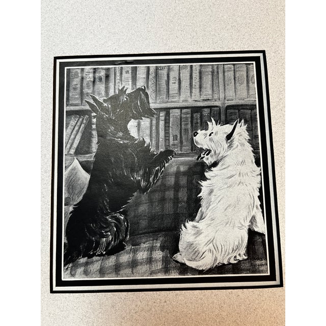 Fun vintage print of two Scotties, of course one black and one white, in the library. Matted in a tasteful gray mat and...