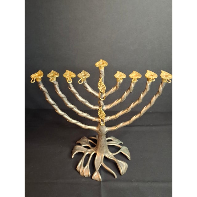 VTG Fred Spinowitz Tree of Life Menorah Signed Judaica Silver Tone Brass Leaves For Sale - Image 4 of 18