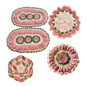 Lot of 5 Vintage Doilies Crochet Floral Spring Cottage French Country Farmhouse Southern Traditional Pink Green White 3d