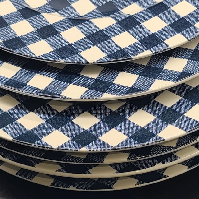 Navy Blue Pottery Barn Sailor Blue Stoneware Gingham Dinner Plates- Set of 6 For Sale - Image 8 of 8