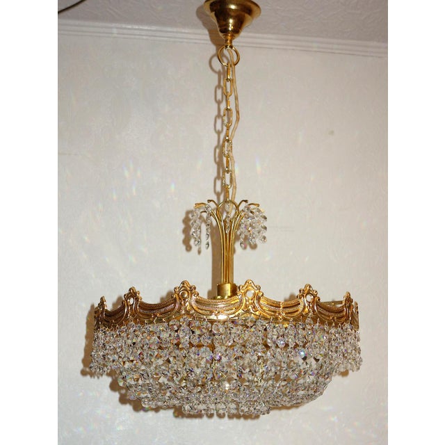 Gold Brass Crystal 24 Karat Gold Plated Five-Light Chandelier, 1970s For Sale - Image 8 of 11