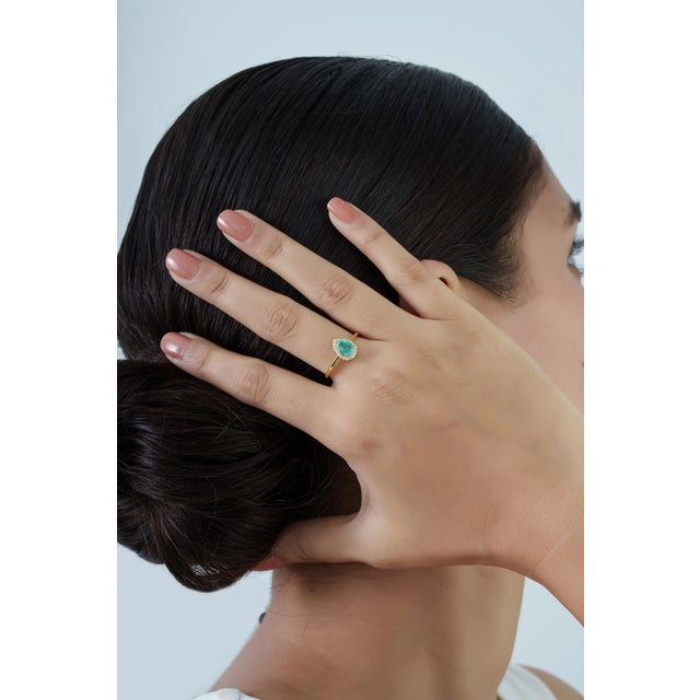 Not Yet Made - Made To Order 18k Gold Natural Pear Cut Emerald and Diamond Halo Engagement Ring Size 5.5 For Sale - Image 5 of 17