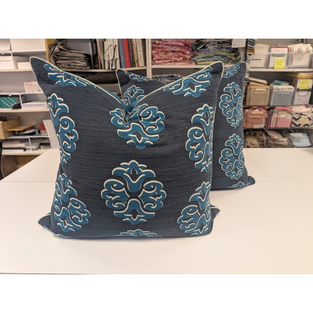 New Moon Navy Blue and Teal Medallion Printed Pillow For Sale - Image 4 of 6