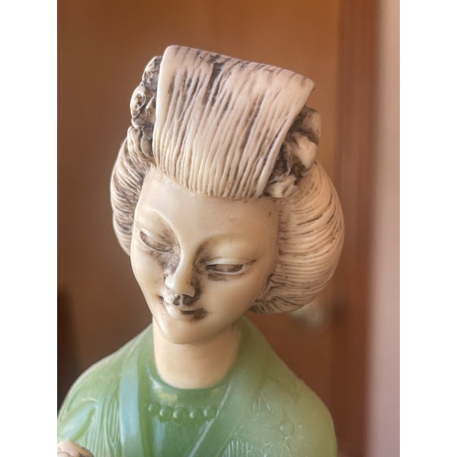 Asian 1980s Geisha Figurine Holding Flowers in Faux Jade For Sale - Image 3 of 12
