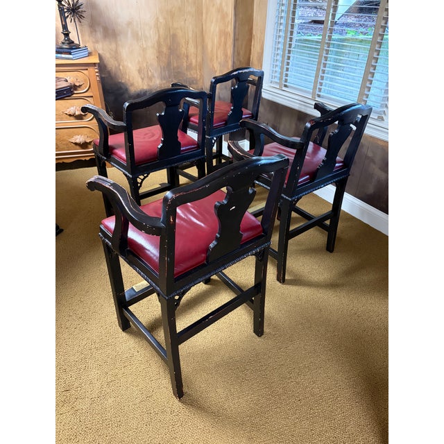 Sherrill Furniture Vintage CTH Counter Height Wood Bar Stools With Red Leather Seats, Chippendale Styled For Sale - Image 4 of 10