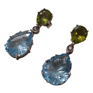 18k/750 White Gold Earrings with Diamonds and Topaz and Peridot, 1990s, Set of 2 For Sale