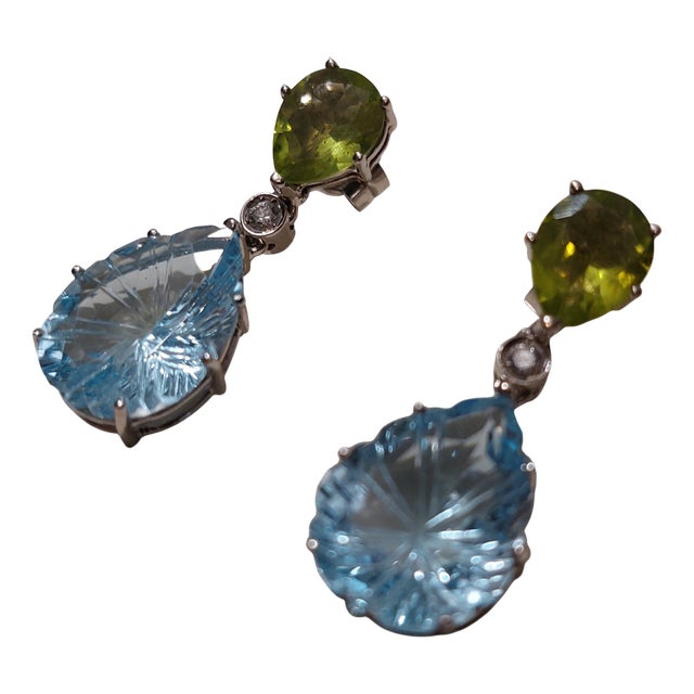18k/750 White Gold Earrings with Diamonds and Topaz and Peridot, 1990s, Set of 2 For Sale