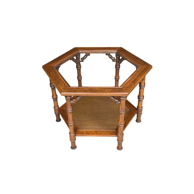 Mid-Century Modern Vintage 1970s Faux Bamboo Hexagonal Side Table – Hollywood Regency Chinoiserie Glass Top & Cane Shelf For Sale - Image 3 of 6
