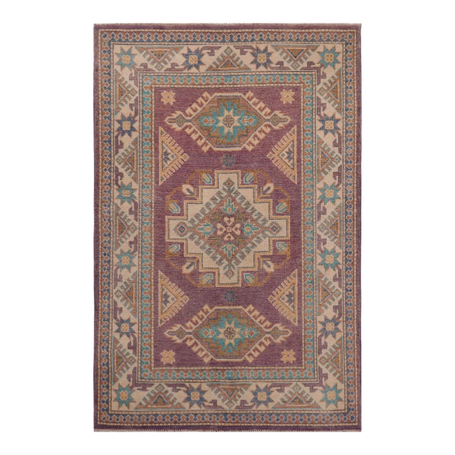 Tribal Kazak Light Purple/Beige Wool Rug - 3'4''x4'10'' For Sale