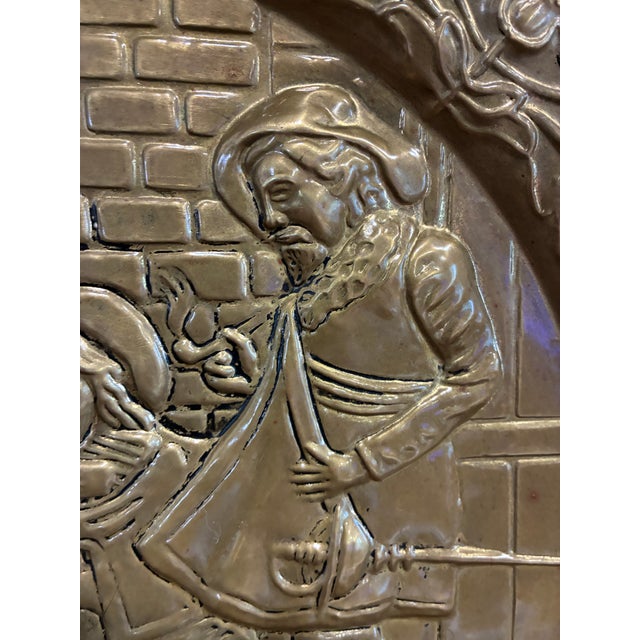 Metal English Embossed Brass Decorative Wall Plate With Medieval Musicians Scene For Sale - Image 7 of 15